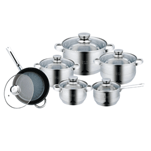 Bateria de cocina de acero inoxidable 18/10 de 12 piezas Royal Swiss – Todo tipo de cocina – Asas ergonómicas tapas de cristal