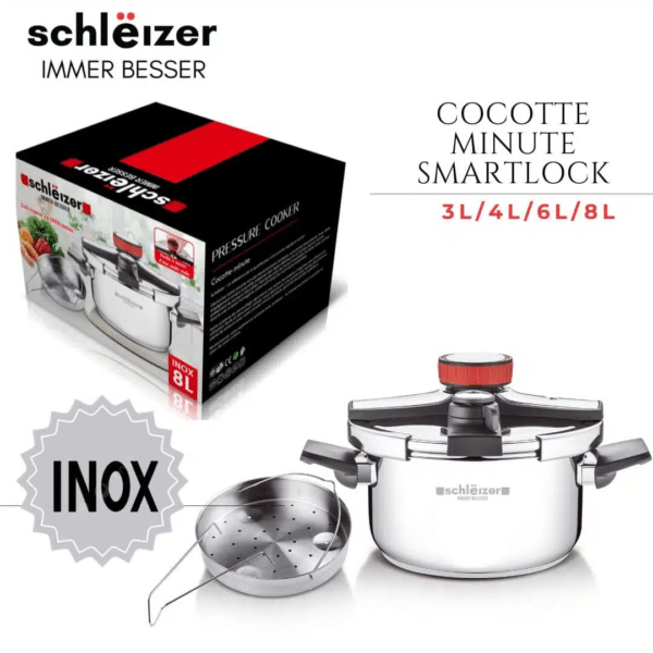 Schleizer Olla a Presión Super Rápida 8 litros, Válvulas de seguridad, valido para todo tipo de cocina, Full inducción acero 18/10