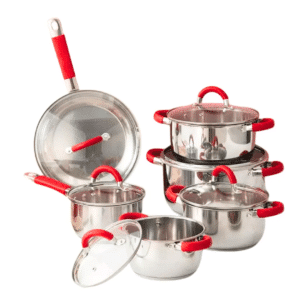 Bateria de cocina 12 Piezas Swiss line / Acero inoxidable / Apta para todo tipo de cocina / Asas silicona roja