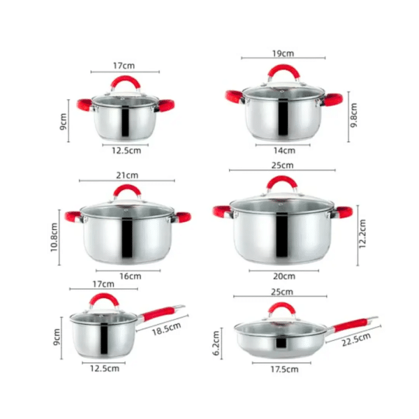 Bateria de cocina 12 Piezas Swiss line / Acero inoxidable / Apta para todo tipo de cocina / Asas silicona roja