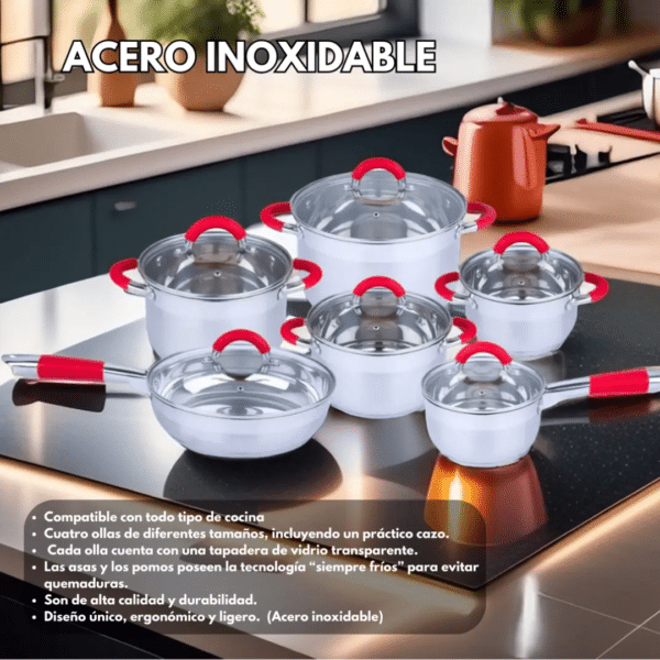 Bateria de cocina 12 Piezas Swiss line / Acero inoxidable / Apta para todo tipo de cocina / Asas silicona roja