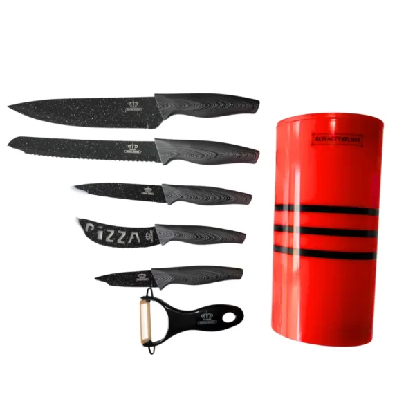 Set de Cuchillos con Revestimiento de Mármol 5 Piezas con Soporte Redondo Rojo/Negro