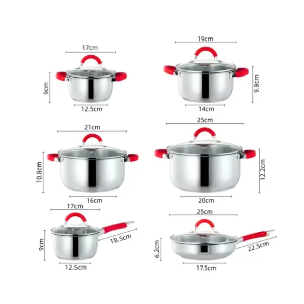Bateria de cocina 12 Piezas Swiss line / Acero inoxidable / Apta para todo tipo de cocina / Asas silicona roja