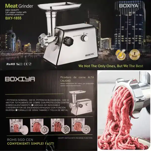 Picadora de Carne Marca BOXIYA / Potencia1200w / 3 discos para moler y Accesorios para embutir