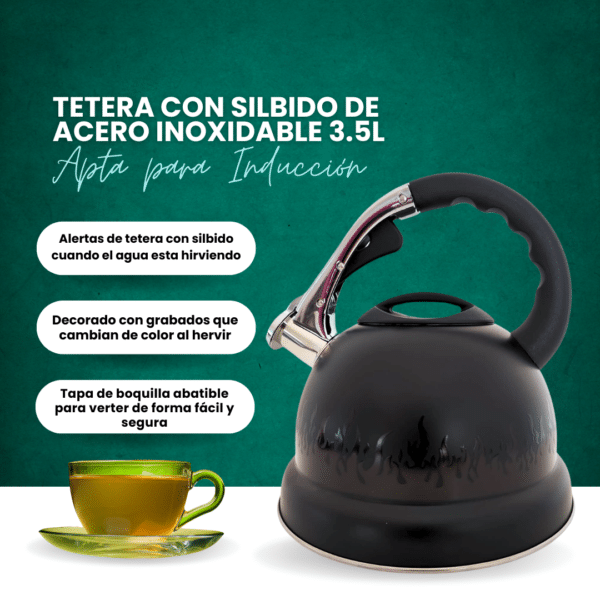 Tetera con Silbido de Acero Inoxidable 3.5L - Negra, Apta para Inducción