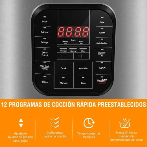 Olla a Presión Eléctrica Programable 5.68L - Cocción Rápida y Conservativa con 15 Programas Automáticos, Temporizador 24h, Pantalla LCD y Seguridad Avanzada