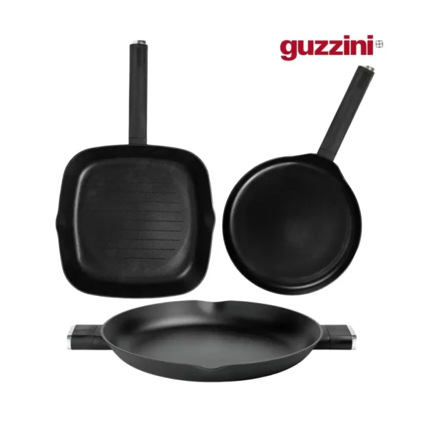 Set de cocina Guzzini Cooking: Asadora grill 28x28 cm, Crepera 26 cm y Paellera 36 cm - Revestimiento Quantanium con Titanio, Apto para Todo Tipo de Cocinas Incluida Inducción