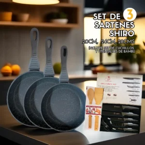 Set de 3 Sartenes 20/24/28cm Revestimiento antiadherente a la piedra Shiro - Apto para todo tipo de cocinas - Durabilidad y Fácil Mantenimiento