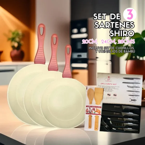 Set de 3 Sartenes 20/24/28cm Revestimiento antiadherente a la piedra Shiro - Apto para todo tipo de cocinas - Durabilidad y Fácil Mantenimiento