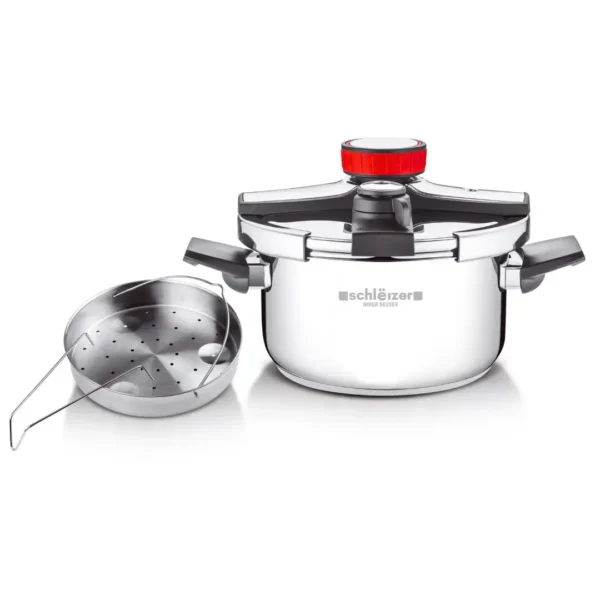 Schleizer Olla a Presión Super Rápida 6 litros, Válvulas de seguridad, valido para todo tipo de cocina, Full inducción acero 18/10