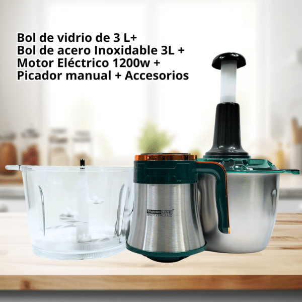 Swiss Line Picadora Eléctrica - Bol Acero Inoxidable + Bol de vidrio 3 Litros/ 1200w 2 velocidades. Pica todo tipo de alimentos. Procesador de alimentos frutas, verduras y carnes.