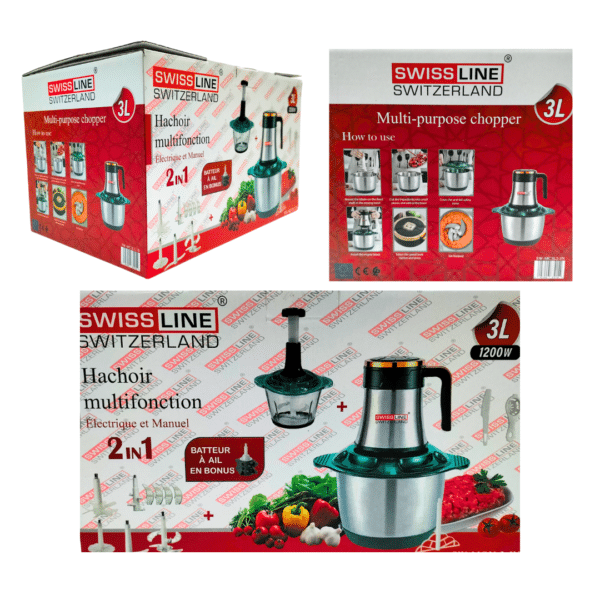 Swiss Line Picadora Eléctrica - Bol Acero Inoxidable + Bol de vidrio 3 Litros/ 1200w 2 velocidades. Pica todo tipo de alimentos. Procesador de alimentos frutas, verduras y carnes.