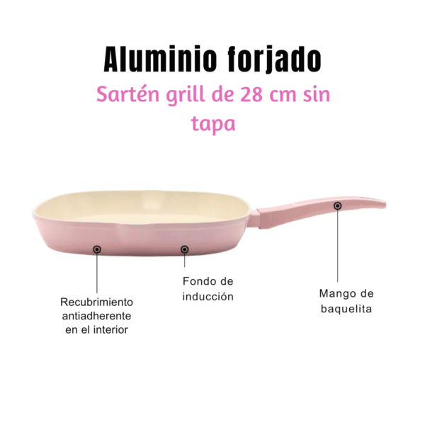 Royal swiss Batería de Cocina Rosa de 10 Piezas en Aluminio Forjado – Antiadherente, Apta para Inducción - cacerola de 20/24/28cm con tapa - sartén grill 28 cm - sartén 24 cm - 1 Cazo 18cm