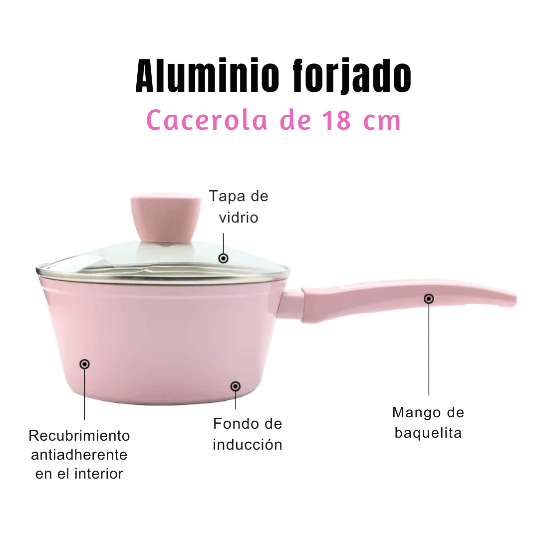 Royal swiss Batería de Cocina Rosa de 10 Piezas en Aluminio Forjado – Antiadherente, Apta para Inducción - cacerola de 20/24/28cm con tapa - sartén grill 28 cm - sartén 24 cm - 1 Cazo 18cm