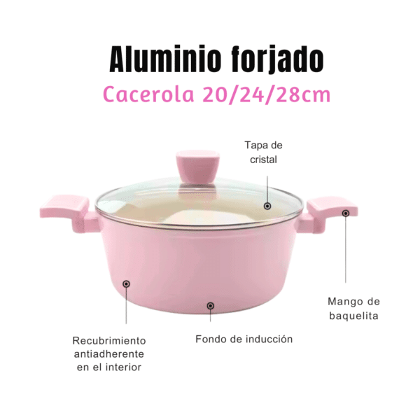 Royal swiss Batería de Cocina Rosa de 10 Piezas en Aluminio Forjado – Antiadherente, Apta para Inducción - cacerola de 20/24/28cm con tapa - sartén grill 28 cm - sartén 24 cm - 1 Cazo 18cm