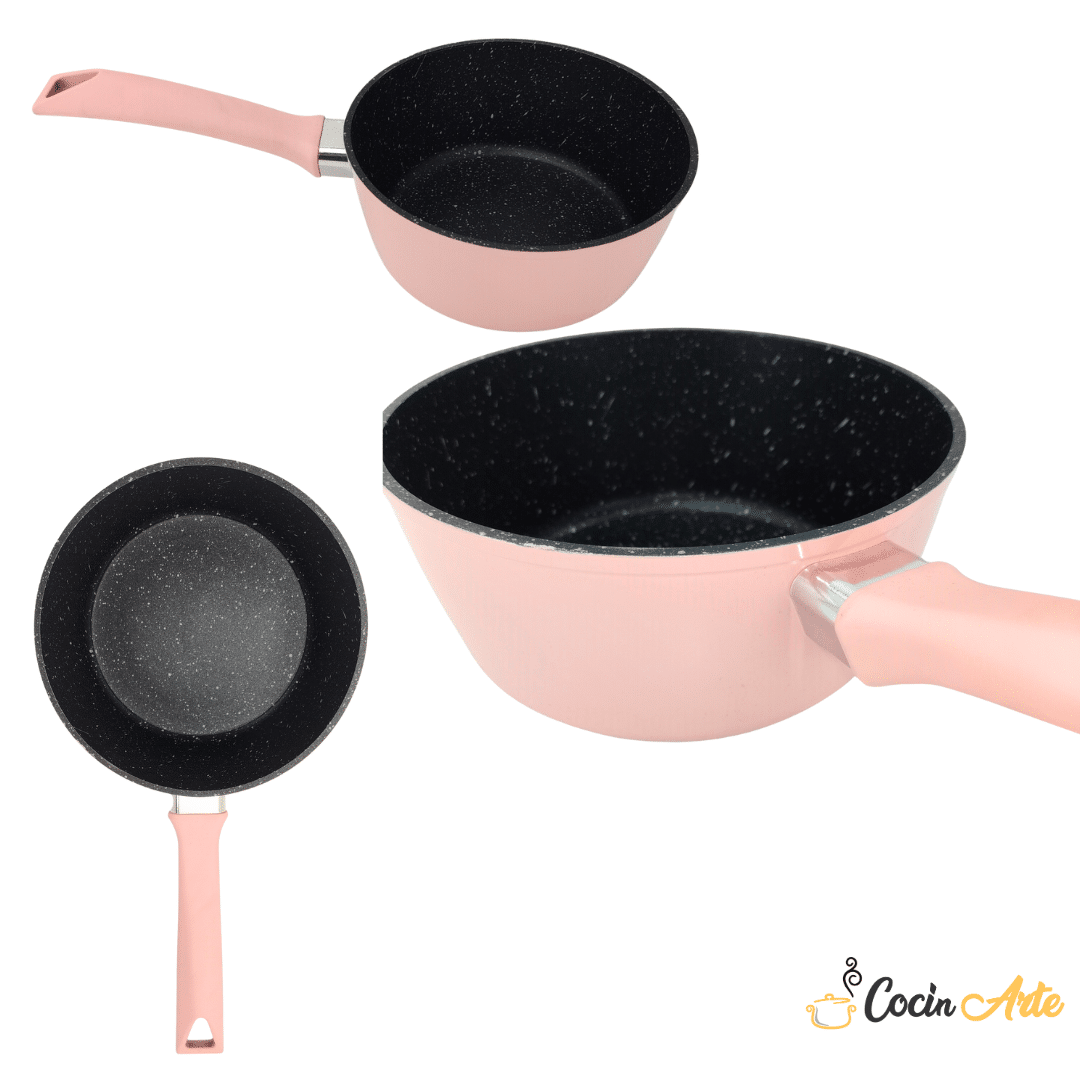 Set de 3 Cazos de Aluminio Forjado con Revestimiento Antiadherente Tipo Piedra, Aptas para Todo Tipo de Cocinas Incluida Inducción, Color Rosa Elegante, Diferentes Tamaños para Cocina Saludable y Fácil Limpieza